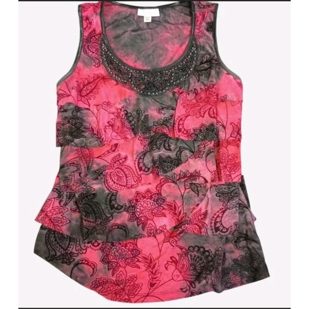 Red And Black Tank Top With Beaded Neckline & Ruffled Layers Petite Size Medium